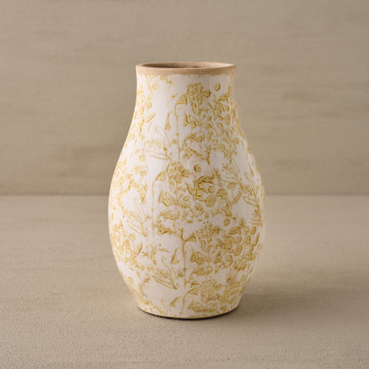 Distressed Tan Floral Ceramic Vase – Stoneware Decorative Vessel